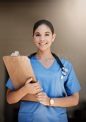 Buy stock photo Clipboard, portrait and woman nurse for healthcare service, hospital documents and nursing registration or information. Face, smile and professional doctor or medical person, checklist and clinic