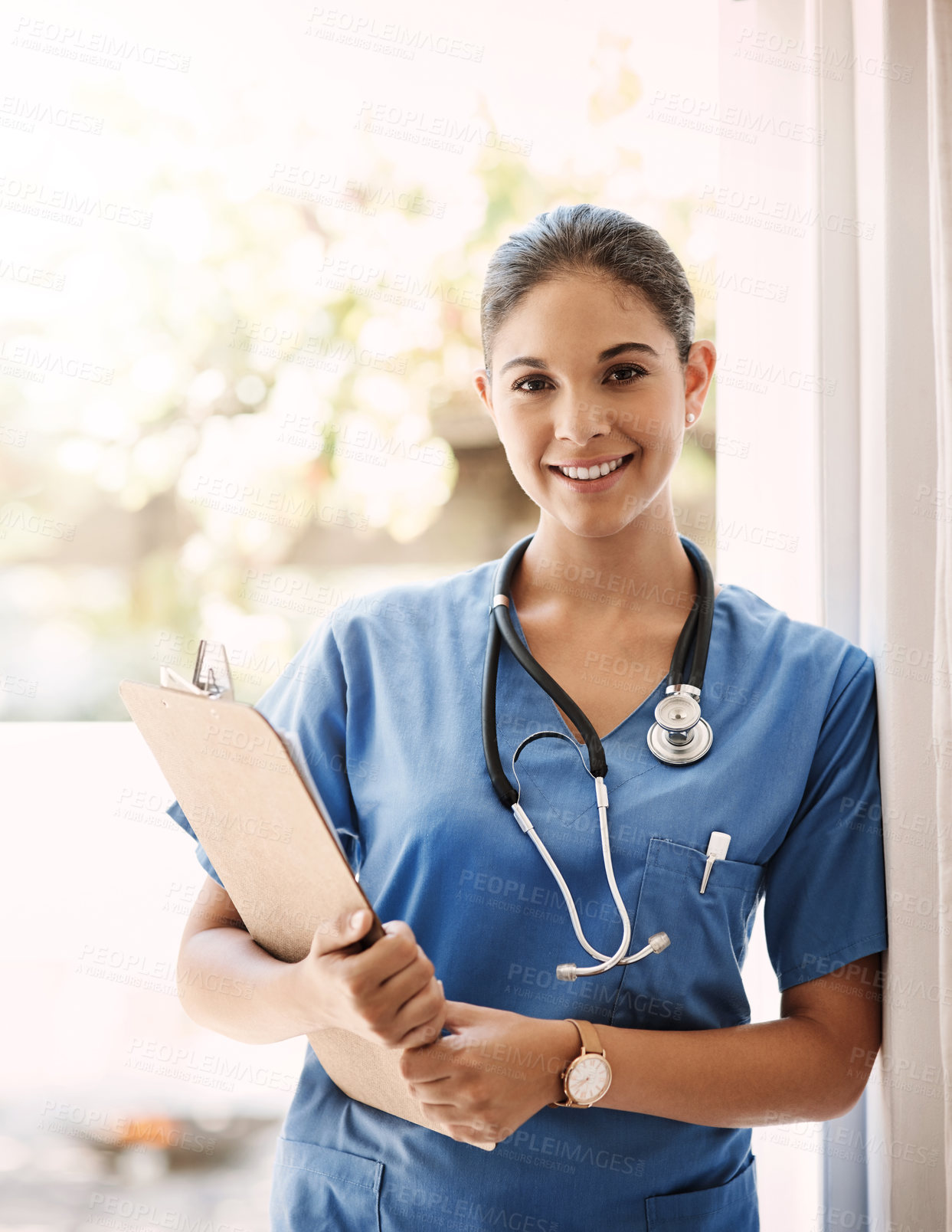 Buy stock photo Woman doctor, clipboard and portrait for medical service, hospital documents and nursing registration or information. Face, smile and professional doctor or healthcare person, checklist and clinic