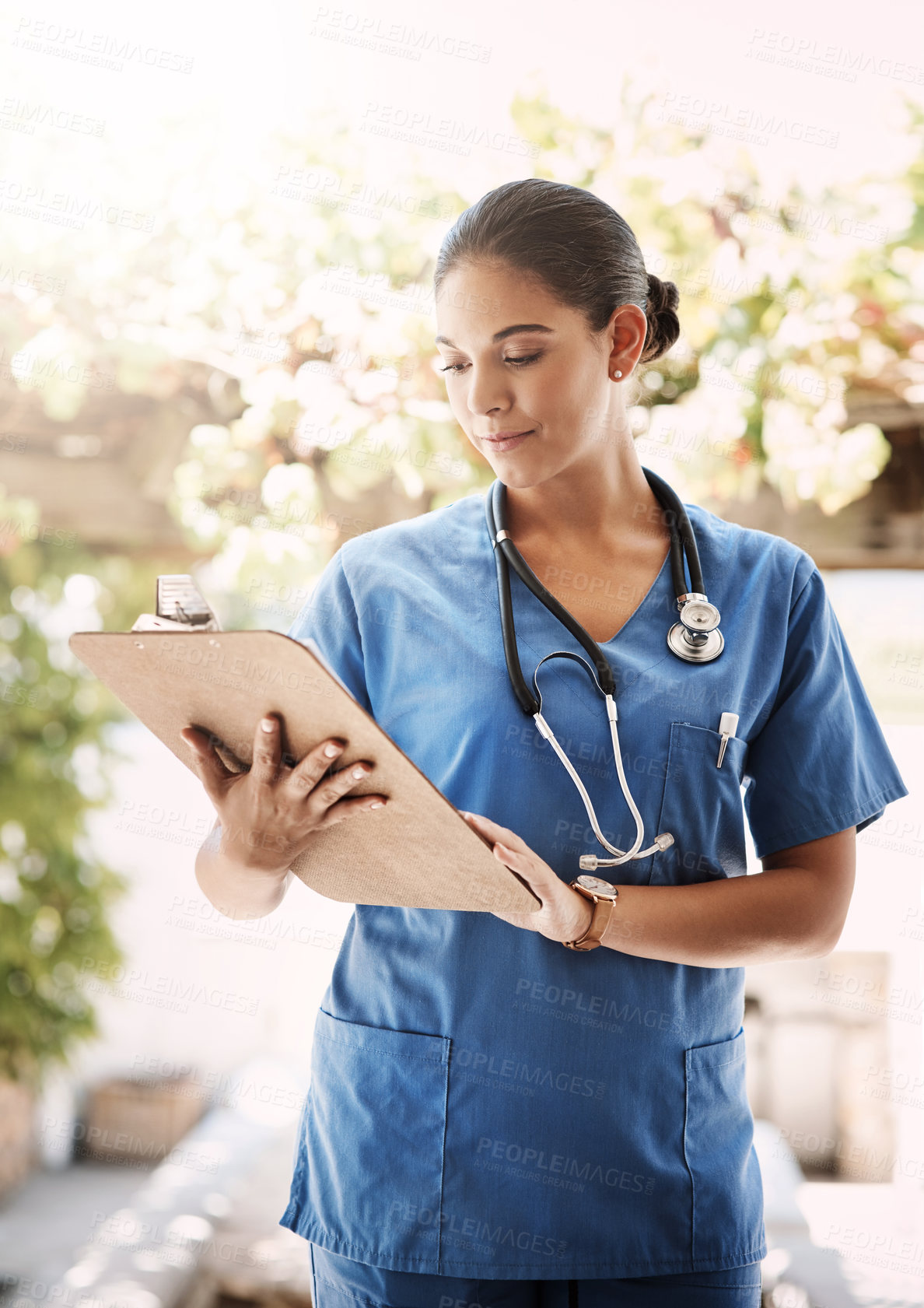 Buy stock photo Woman doctor, clipboard and check documents for medical service, hospital paperwork and nursing registration or information. Report, analysis and professional nurse or healthcare person and checklist