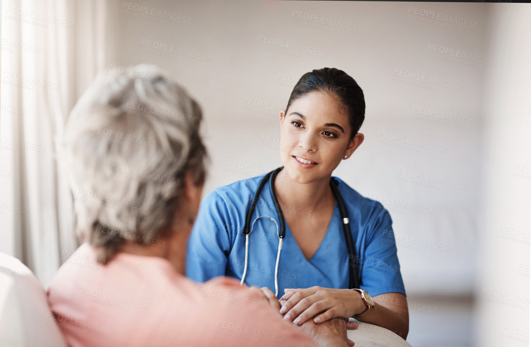 Buy stock photo Support, healthcare and nurse with a senior patient explaining a diagnosis after consultation. Medical, empathy and female caretaker volunteer consoling an elderly lady in retirement at nursing home.