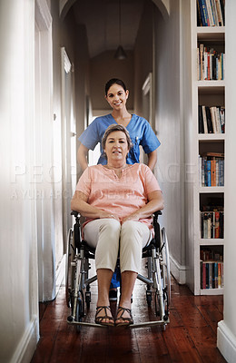 Buy stock photo Caregiver, portrait and woman in wheelchair for homecare helping, healthcare service and disability support. Nurse, disabled patient or mature person, insurance and nursing home, adn and empathy