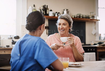 Buy stock photo Caregiver, conversation and woman of advice in nursing home for breakfast, relax or support of medical assistance. Nurse, patient and talk for senior care by helping, trust or counselling service

