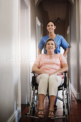 Buy stock photo Senior woman, wheelchair and nurse  with homecare helping, healthcare service and disability support. Caregiver, disabled patient or happy person, health insurance and home and rehabilitation