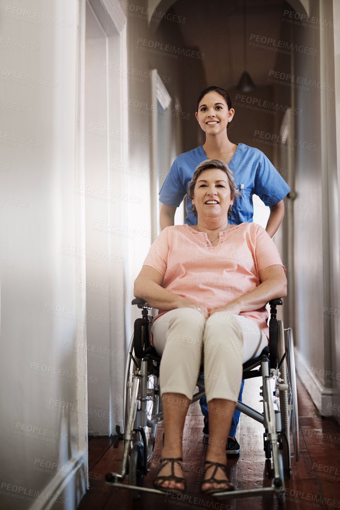 Buy stock photo Senior woman, wheelchair and nurse  with homecare helping, healthcare service and disability support. Caregiver, disabled patient or happy person, health insurance and home and rehabilitation