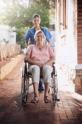 Buy stock photo Senior woman, wheelchair and caregiver in portrait for homecare, healthcare service and disability support outdoor. Nurse helping, disabled patient or person, insurance and garden for mental health