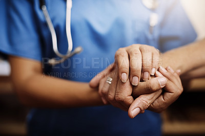 Buy stock photo Closeup, doctor holding hands with senior woman and cancer care or support. Healthcare or trust, empathy or compassion and female caregiver or nurse holding elderly person hand for hope and kindness