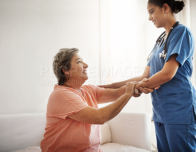 Buy stock photo Woman, doctor and support of holding hands in clinic for patient health, sympathy or helping by consultation of treatment. Healthcare, trust and talking medical results, advice or nursing home
