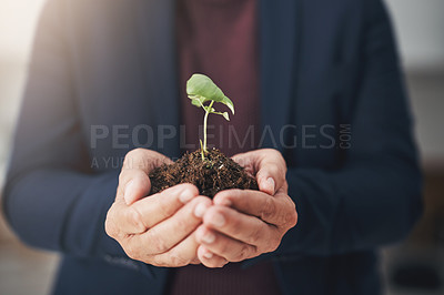 Buy stock photo Business, plant or soil in hands of person with growth for sustainability, development or eco friendly environment. Carbon footprint, sand closeup or entrepreneur with care or leaf in dirt or nature