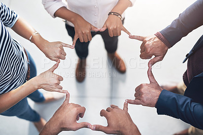 Buy stock photo Hands, star and business people in office for collaboration, unity and synergy together for support. Group, teamwork and employees with fingers in shape for cooperation or solidarity from above.