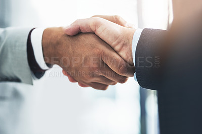 Buy stock photo Deal, business people and handshake by men for b2b partnership, welcome and hiring success. Thank you, shaking hands and person team in recruitment agreement, promotion or onboarding negotiation 