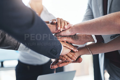 Buy stock photo Business people, closeup or hands in stack for mission, support or meeting for corporate goals. Project, group and partnership with agreement for teamwork, target and staff synergy for motivation