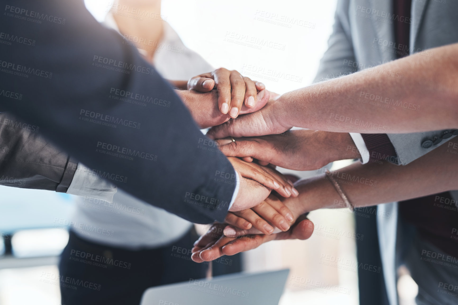 Buy stock photo Business people, closeup or hands in stack for mission, support or meeting for corporate goals. Project, group and partnership with agreement for teamwork, target and staff synergy for motivation