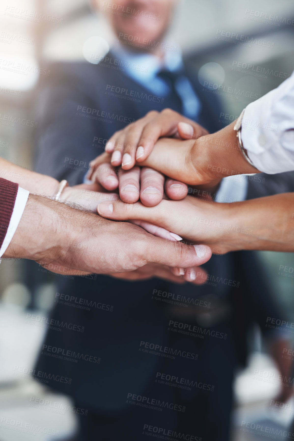 Buy stock photo Business people, closeup or hands in stack for planning, mission or meeting for corporate goals or pride. Support, zoom or partnership with staff for teamwork, target or group synergy for motivation