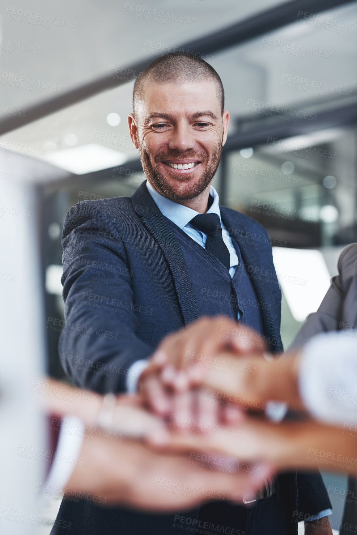 Buy stock photo Businessman, happy or hands in stack for mission, support or meeting for corporate goals or pride. Project, people and partnership with agreement for teamwork, target and group synergy for motivation