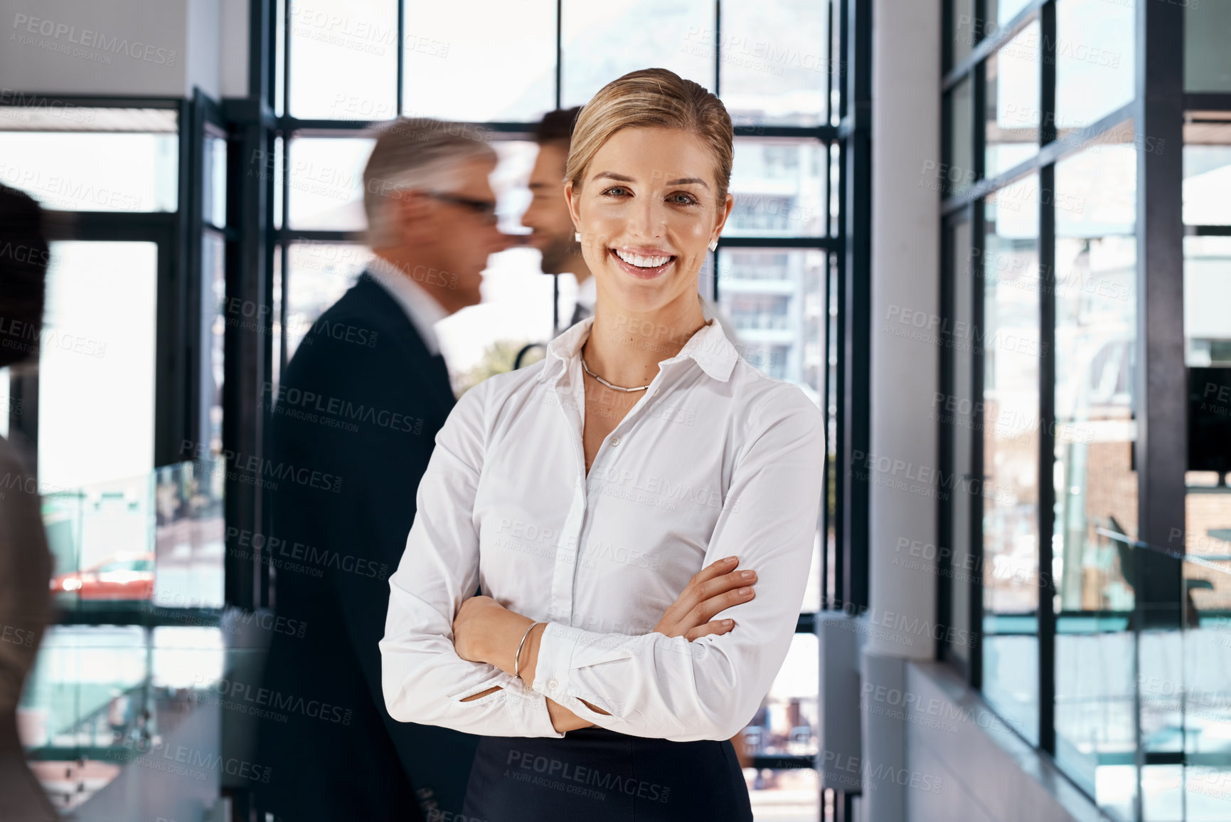 Buy stock photo Busy office, smile or portrait of businesswoman with arms crossed in workplace for company development. Happy financial advisor, female manager or confident employee ready to start a corporate job