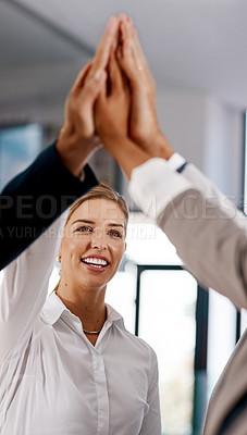 Buy stock photo High five, teamwork or hands of happy business people in celebration of goals, mission or success. Partnership, smile or excited workers in office for motivation, group solidarity or winning a deal 