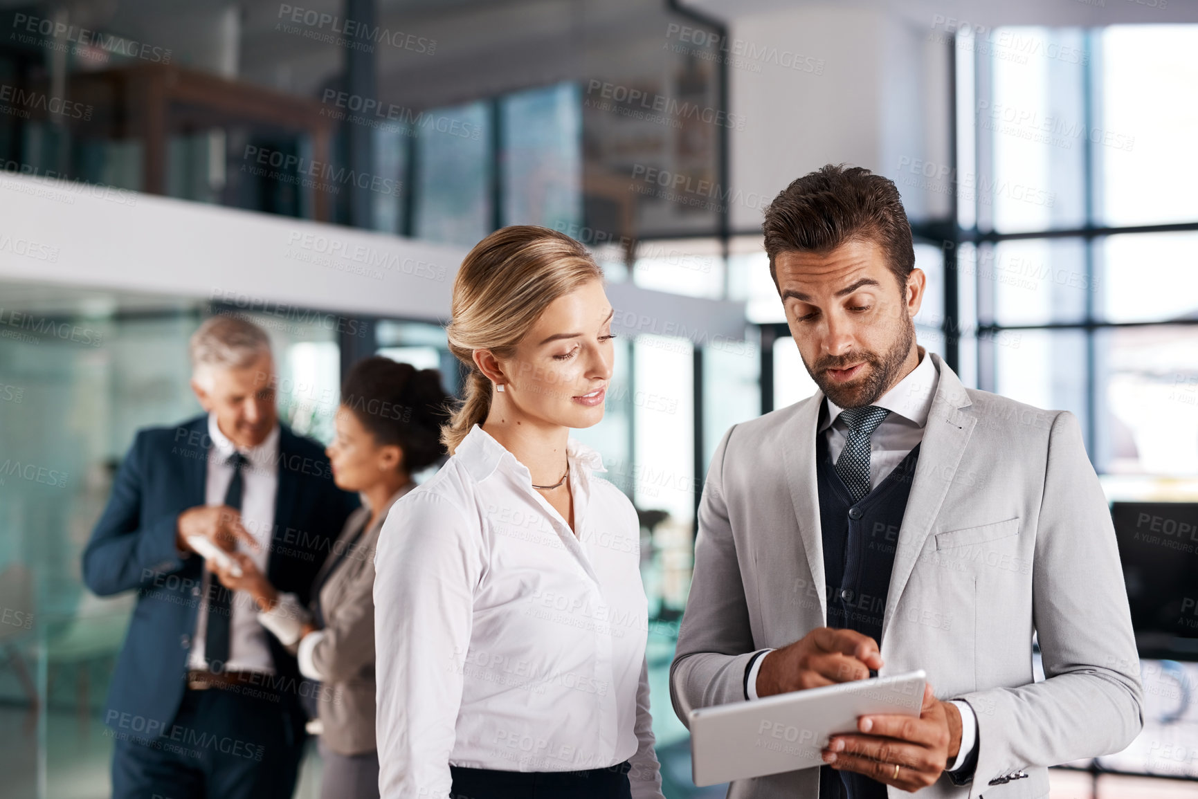 Buy stock photo Shot of two businesspeople using a digital tablet together in a busy office