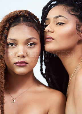 Buy stock photo Beauty, skincare and portrait of friends in studio for wellness, cosmetics and dermatology. Hair, salon aesthetic and face of African women for natural glow, healthy skin or spa on white background