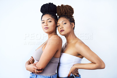 Buy stock photo Studio, serious and lgbtq with couple in fashion for style, embrace and confidence on white background. Lesbian, women and partner with care in love for gay pride, solidarity and support together