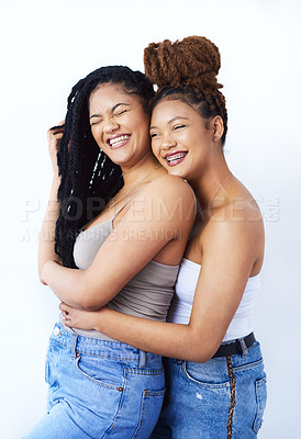 Buy stock photo Studio, women and lgbtq with smile in fashion for gay pride, romantic and solidarity on white background. Lesbian, partner and couple with care in love for style, support and  happiness together