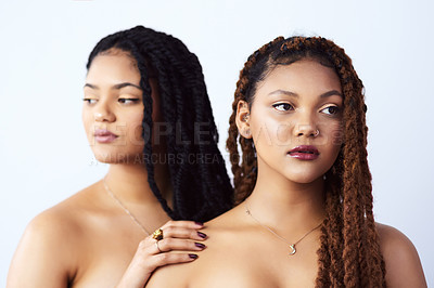 Buy stock photo Beauty, skincare and black women in studio for wellness, cosmetics and dermatology. Friends, salon aesthetic and face of African people with natural glow, healthy skin or spa on white background