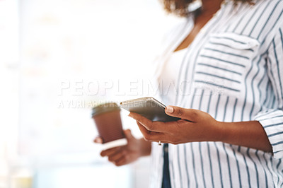 Buy stock photo Creative checking social media on phone, texting or planning schedule while holding takeaway coffee. Closeup hands of marketing agent or woman managing startup website design and vision on technology