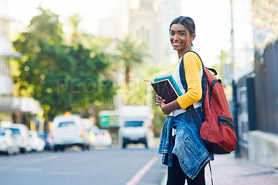 Buy stock photo City walk, books and portrait woman, happy student or person on commute journey to university, college or high school. Outdoor street, education and girl smile for learning, studying or scholarship