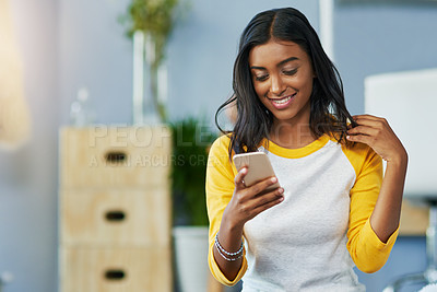 Buy stock photo Home communication, phone and happy woman typing, texting and search online, internet or app website. Smile, happiness and Indian person on cellphone, mobile application and message social media user