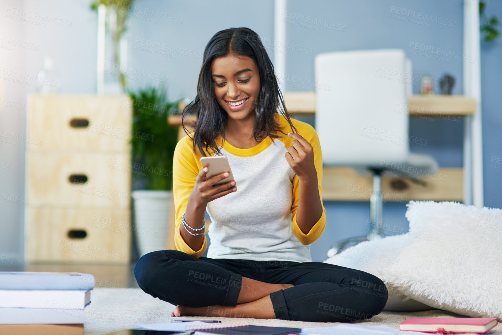 Buy stock photo Home floor, cellphone and happy woman, student or girl typing, texting and search online, internet or website info. App, studying and person relax, message and social media user scroll on phone UI 