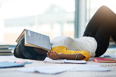 Buy stock photo Books, tired student and woman sleeping after studying for college, university research or academy school project. Education study, knowledge and female person relax, fatigue and sleep on home floor 