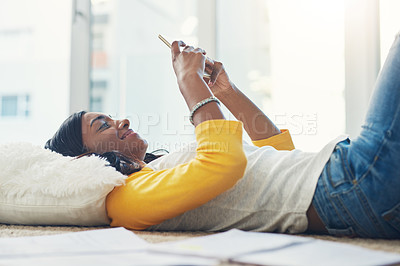 Buy stock photo Home floor, cellphone and relax woman scroll, typing and texting social media user, gen z contact or person. Mobile smartphone connection, digital communication and female student using phone app