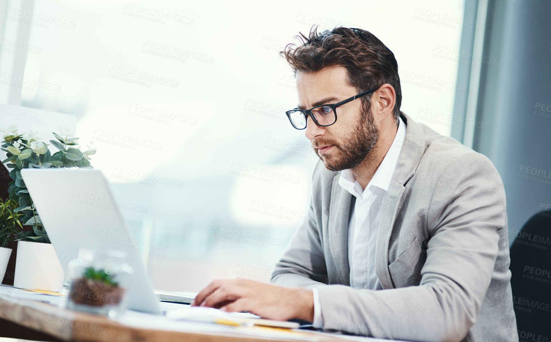 Buy stock photo Businessman, laptop and corporate in typing as accountant, administration and professional in financial firm. Male person, working and office with tech for tax returns, investment and finance audit