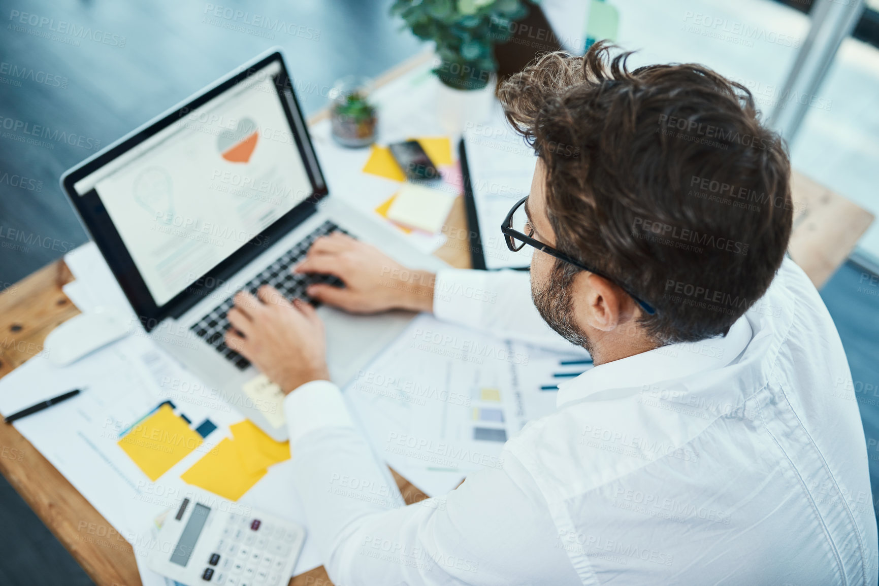 Buy stock photo Business man, working and laptop with life insurance policy and heart surgery claim on database. Office, above and agent with digital record and website with planning and info assessment at desk 