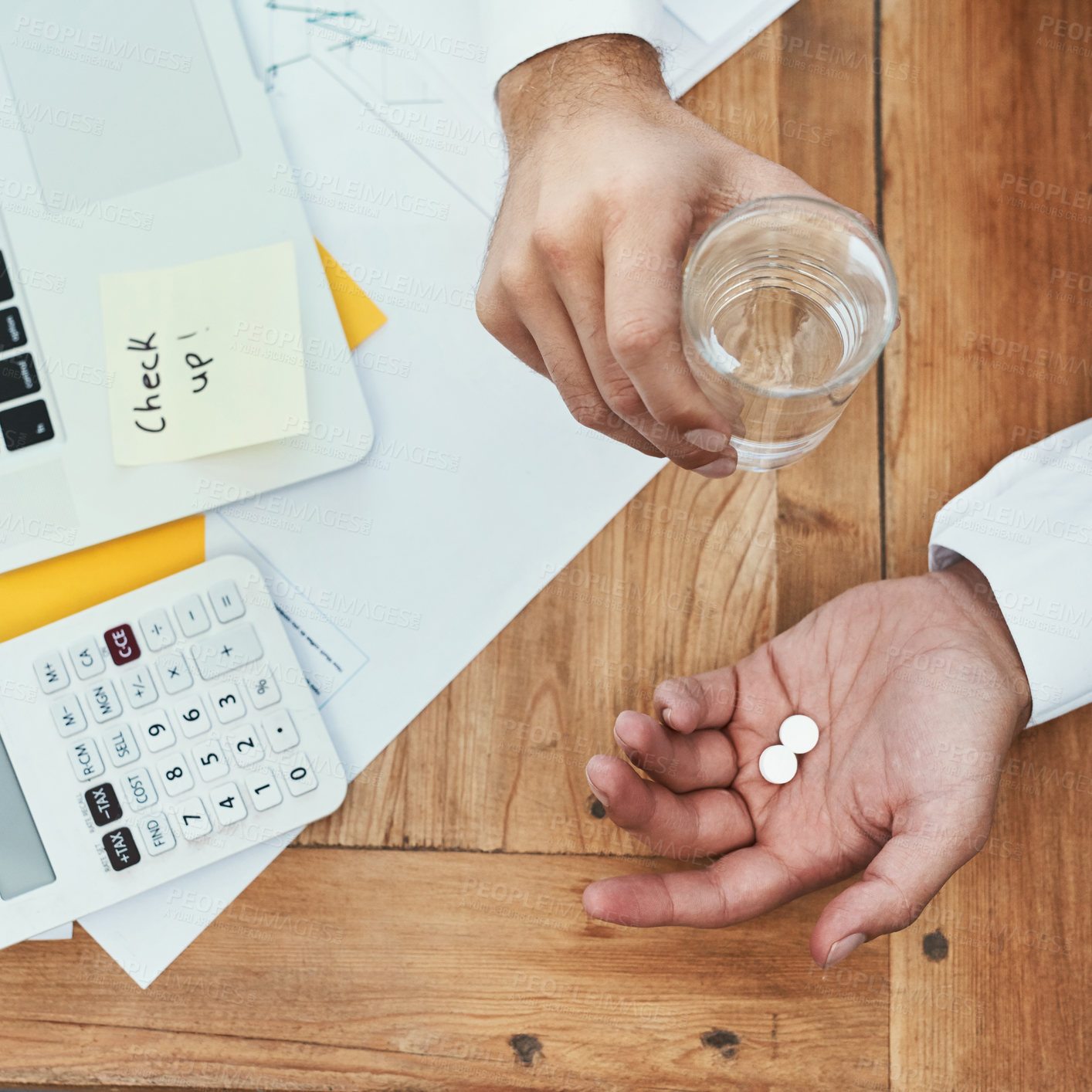 Buy stock photo Water, hands and businessman with medication in office for headache, migraine or treatment. Healthcare, pills and top view of accountant drinking h2o liquid with tablets for cold, flu or allergies