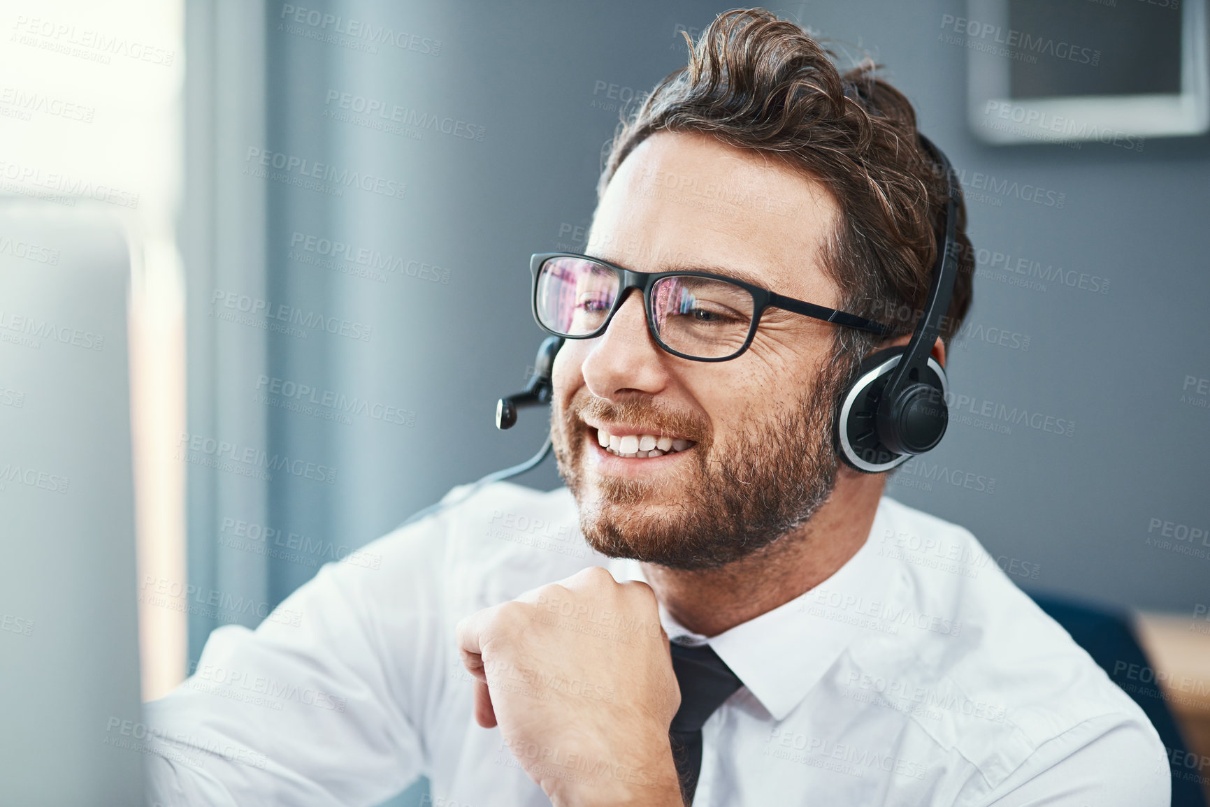 Buy stock photo Businessman, speaking and call center or headset, help desk and friendly customer service for online advice. Tech support, telesales and office for communication, agent and consultation professional