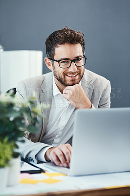 Buy stock photo Businessman, laptop and office in portrait as accountant, administration and financial firm in United States. Male person, working and corporate with tech for tax returns, investment or finance audit