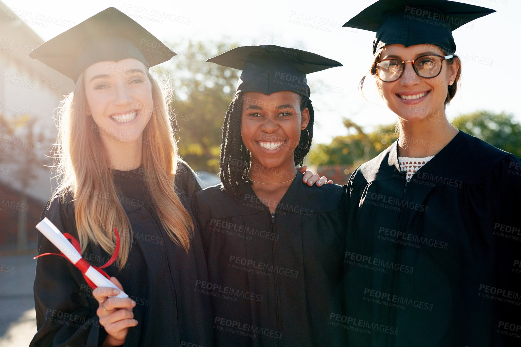 Buy stock photo Friends, students and graduation portrait of college or university friends together with a smile. Diversity women outdoor to celebrate education achievement, success and future at event for graduates