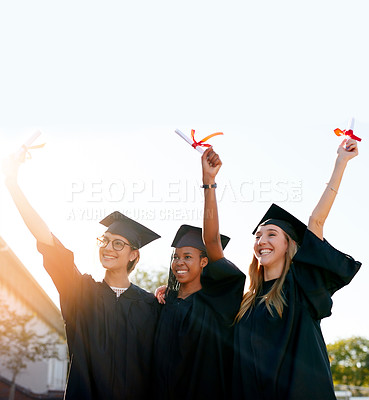 Buy stock photo Students, graduation or diploma in hands of college or university friends together on sky mockup. Happy women outdoor to celebrate education achievement, success and future diversity at school event