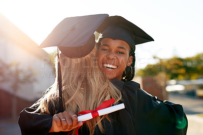 Buy stock photo Hug, students and graduation for college or university friends together for congratulations. Portrait of black woman outdoor to celebrate education achievement, success or certificate at school event