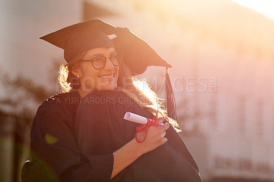 Buy stock photo Hug, students or friends at graduation for college or university achievement and congratulations. Women outdoor to celebrate education goals, success and future at school event with mockup and pride