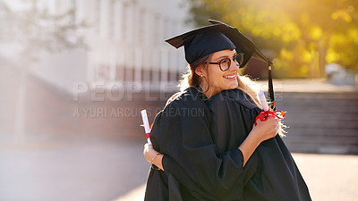 Buy stock photo Friends, students and hug at graduation for college or university achievement. Women outdoor together for congratulations or celebrate education goal, success and future at school event for graduates