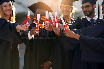 Buy stock photo Graduation, students and diploma in hands of college or university friends together. Diversity men and women group outdoor to celebrate education achievement, success and certificate at school event