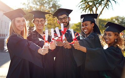 Buy stock photo Group, graduation and students with a diploma of college or university friends with pride. Diversity men and women outdoor to celebrate education achievement, success and certificate at school event