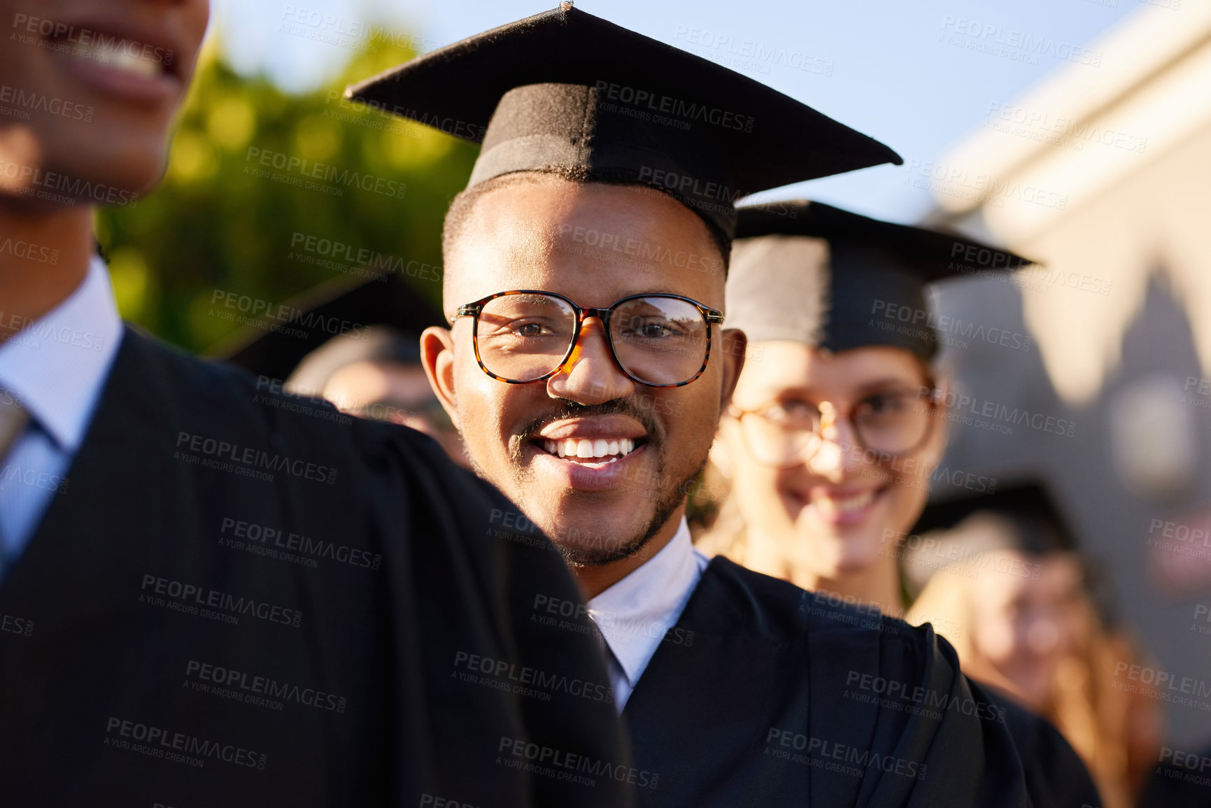 Buy stock photo Graduation, excited or portrait of man with confidence at university for education or success. Happy, scholarship goal or proud student with class at campus with college degree, smile and diploma