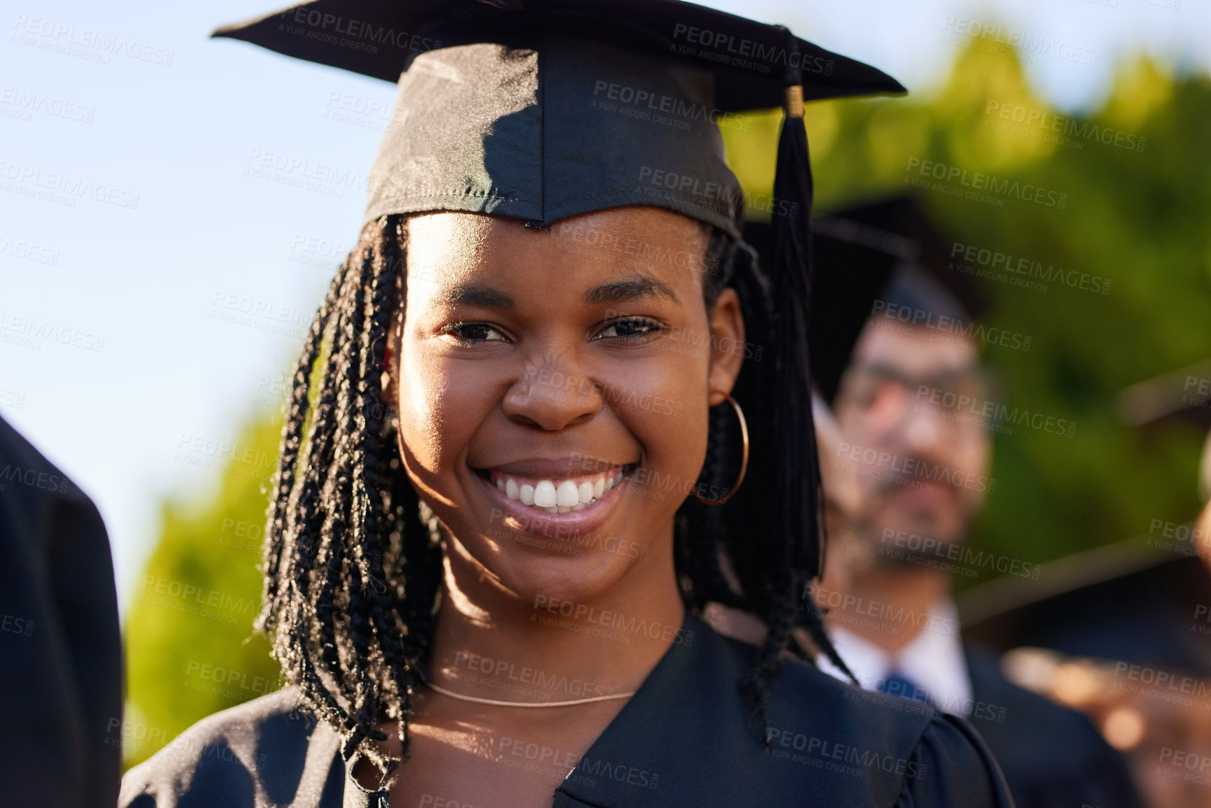 Buy stock photo Graduation, excited or portrait of woman with confidence at university for education or success. Happy, scholarship goal or proud student with class at campus with college degree, smile or diploma