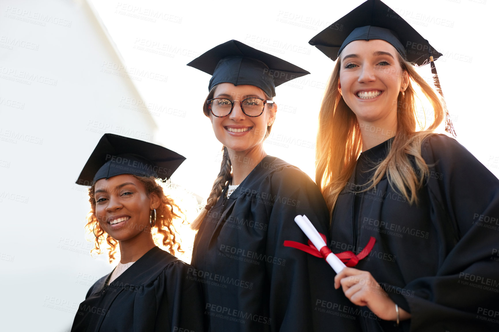 Buy stock photo Graduation, women or group of students with certificate at university for education, opportunity or success. College, female empowerment or happy people at campus with degree, milestone or diploma