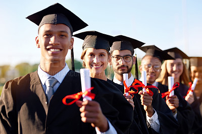 Buy stock photo Happy friends, students and graduation class with group at ceremony for education, qualification or future. Portrait of people or scholars with smile for diploma, certificate or degree on campus