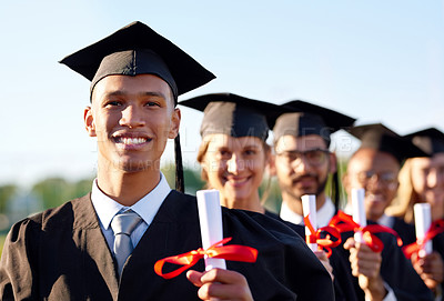 Buy stock photo Happy man, scholar and graduation class with group at ceremony for education, qualification or future. Portrait of person or student with smile for diploma, certificate or study degree on campus