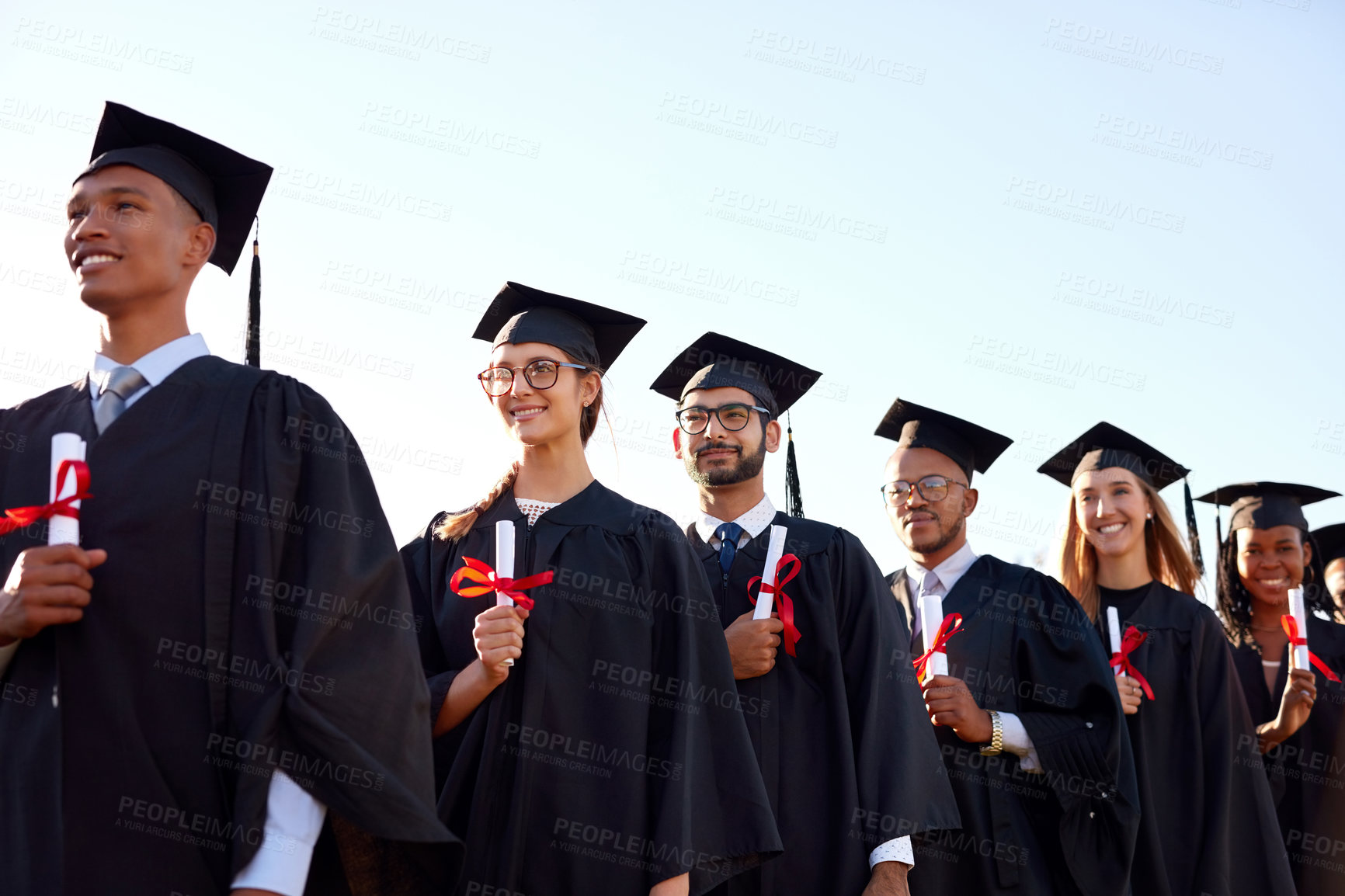 Buy stock photo Graduation, outdoor or class of students with certificate at university for education, opportunity or success. College group, youth empowerment or happy people at campus with degree, pride or diploma