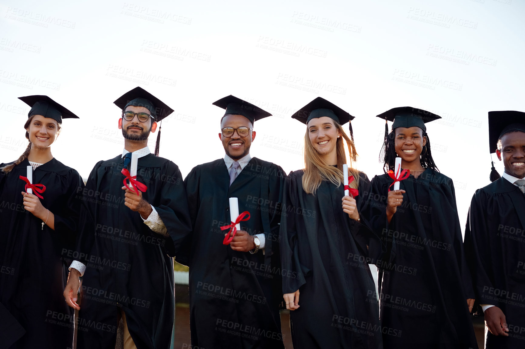 Buy stock photo Graduation, outdoor or portrait of students with class at university for education, learning or success. College, diploma or happy people at campus with degree, smile or certificate for empowerment